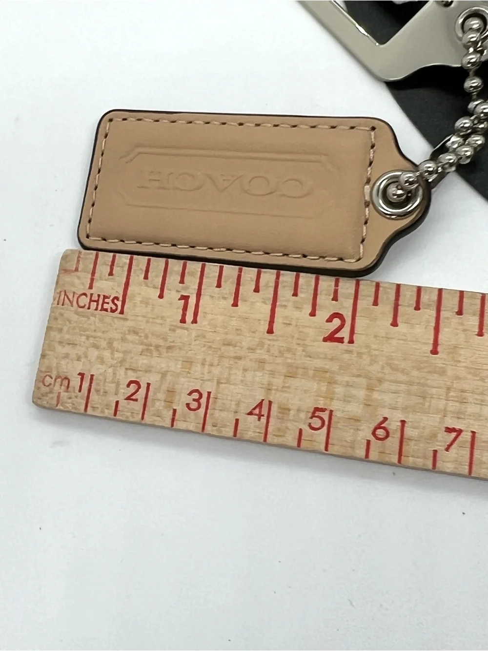 COACH Beige Leather Silver Logo 3 Piece Bag Charm Keychain Hang Tag Set